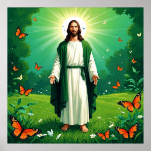 Affiche Jésus dans un jardin entouré de papillons