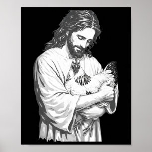 Affiche Jésus drôle tenant poulet chrétien ferme animal