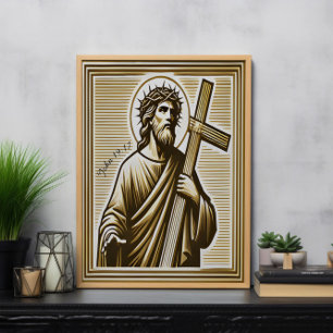 Affiche Jésus embrassant la Croix d'or avec compassion