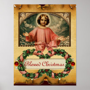 AFFICHE JÉSUS ENFANT AUX ANGES ET COURONNES DE NOËL
