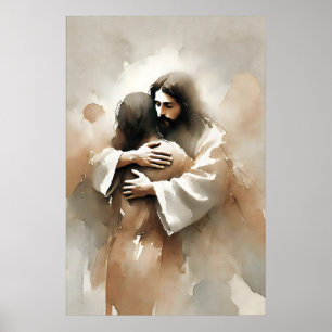 Affiche Jésus Enlaçant Une Femme Aquarelle Inspirante
