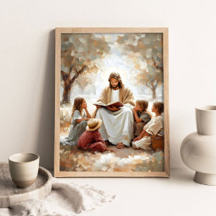 Affiche Jésus enseignant aux enfants, Art chrétien numériq