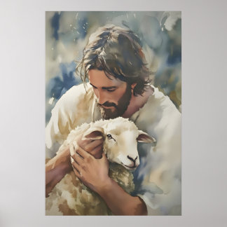 Affiche Jésus et agneau Art imprimé aquarelle chrétien