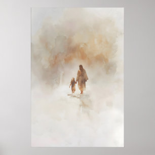 Affiche Jésus et la petite fille aquarelle art chrétien