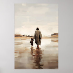 Affiche Jésus et la petite fille Scène biblique à l'aquare