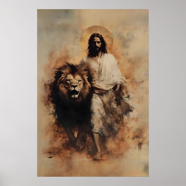 Affiche Jésus et le lion de Juda aquarelle chrétienne (Devant)