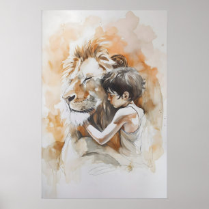 Affiche Jésus et le Lion Minimaliste Aquarelle Chrétienne
