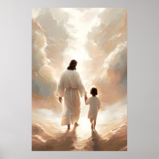 Affiche Jésus et l'Enfant qui marchent Jésus et bébé Peint