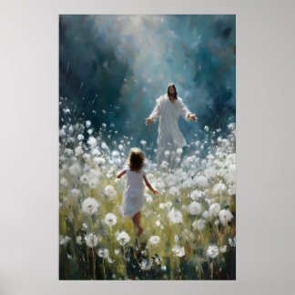 Affiche Jésus et petite fille dans le champ de pissenlits