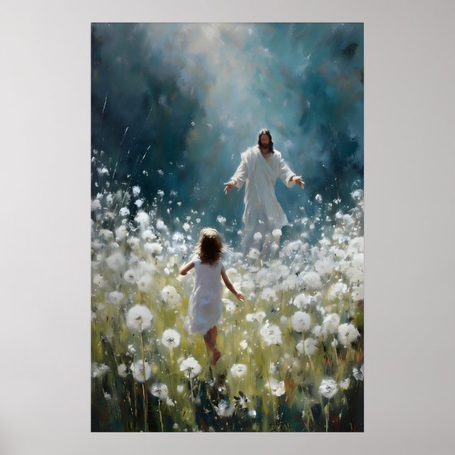 Affiche Jésus et petite fille dans le champ de pissenlits (Devant)
