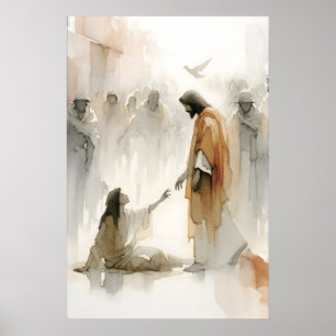 Affiche Jésus guérissant la femme Aquarelle Miracle bibliq