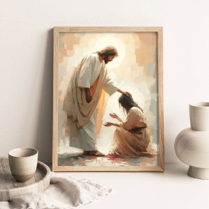 Affiche Jésus guérit la femme hémorroïsse, peinture chréti