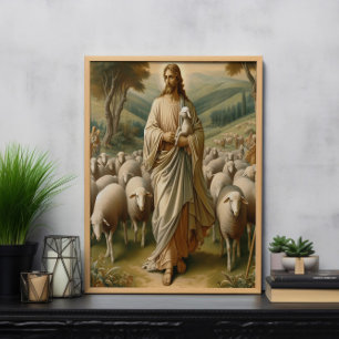 Affiche Jésus guidant les moutons à travers des pâturages