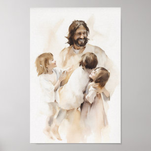 Affiche Jésus Jouer avec les enfants Aquarelle Art Imprime