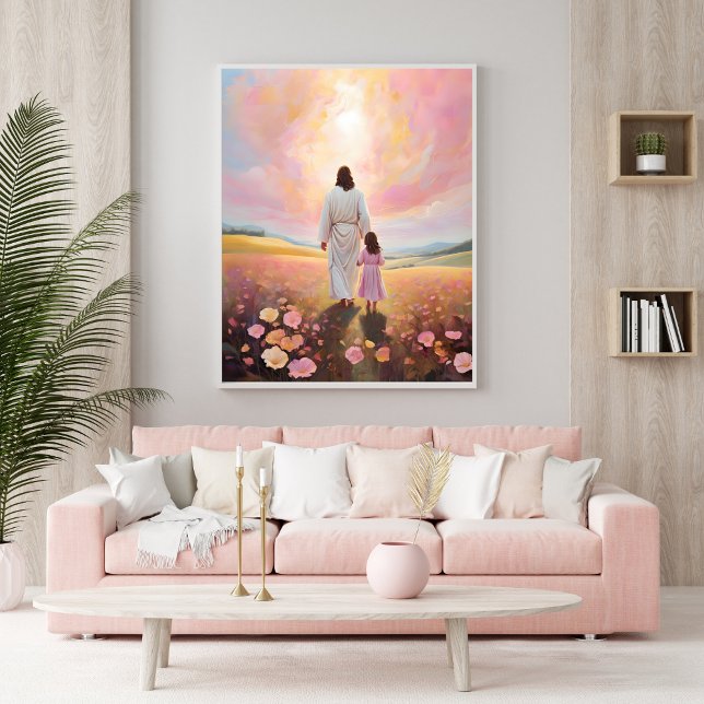 Affiche Jésus marchant avec l'enfant dans un champ de fleu (Christian Printable Poster – Jesus Walking with Child in a Field of Flowers)