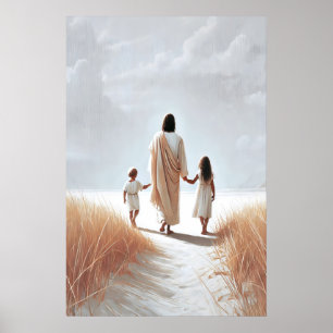 Affiche Jésus marchant avec l'enfant Jésus et les enfants