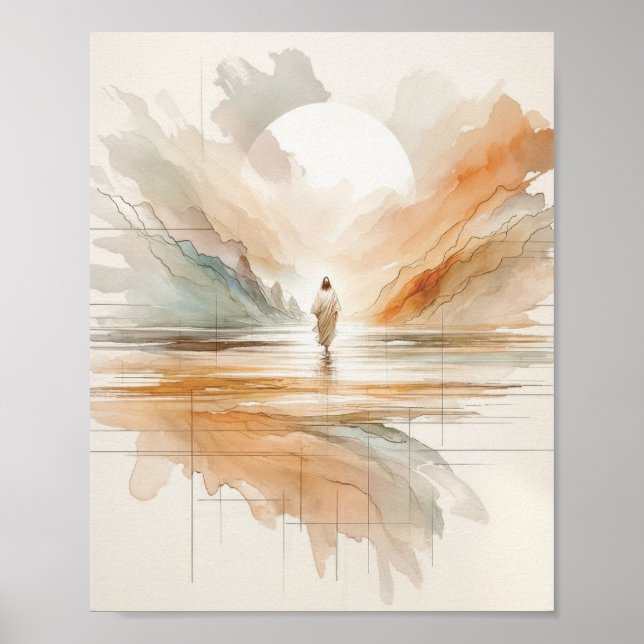 Affiche Jésus marche sur l'eau - Aquarelle inspirante (Devant)