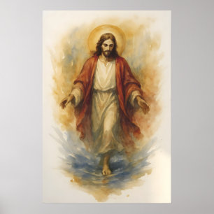 Affiche Jésus Marche sur l'Eau Art, Mur du Miracle Bibliqu