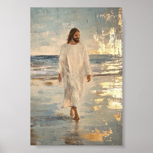 Affiche Jésus marche sur l'eau en vêtements blancs