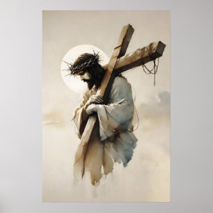 Affiche Jésus portant la Croix Aquarelle minimaliste