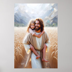 Affiche Jésus portant la petite fille Jésus et les enfants