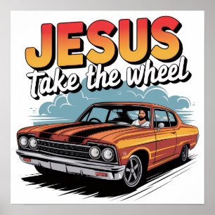 Affiche Jesus Prend le Volant Voiture Musclée Vintage