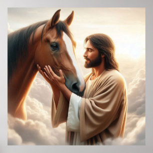 Affiche Jésus réconfortant un cheval au ciel