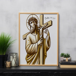 Affiche Jésus tenant la Croix d'or dans la dévotion