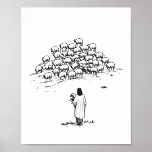 Affiche Jésus tenant l'agneau perdu parmi le troupeau