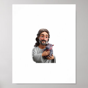 Affiche Jésus tenant Moo Deng_ Art Mélange Foi Whimsy