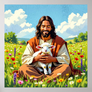 Affiche Jésus tenant un agneau Pâques religieux