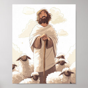 Affiche Jésus tenant un bâton de berger entouré d'agneaux