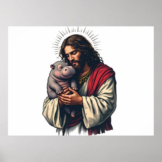 Affiche Jésus tenant un bébé Moo Deng Hippo (Devant)