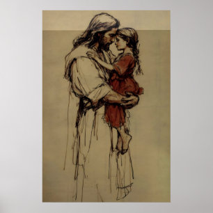 Affiche Jésus tenant un enfant, esquisse chrétienne minima