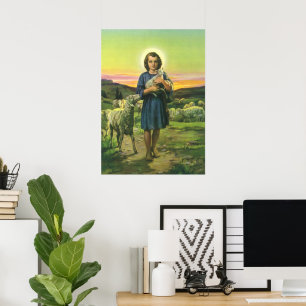 Affiche Jésus vintage Christ le berger avec l'agneau bébé