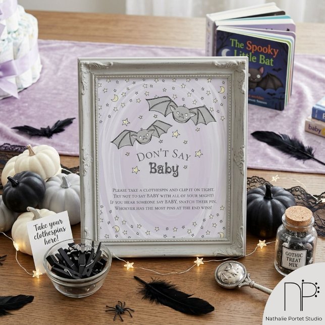Affiche Jeu Bébé Chauve-Souris Violet Ne Dis Pas Bébé (This Baby Bat Don't Say Baby Game features hand-drawn art for a fun party activity)