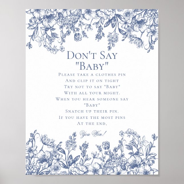 Affiche Jeu de Baby Shower Blue Chinoiserie Ne dites pas b (Devant)