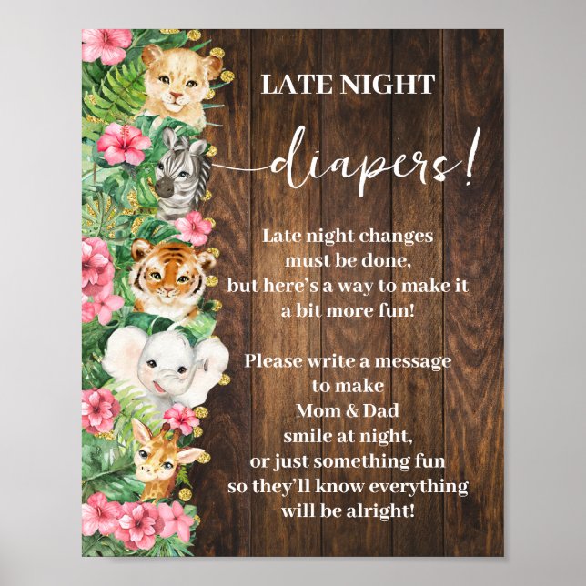 Affiche Jeu de Baby Shower Couches de Nuit Safari Rose Rus (Devant)