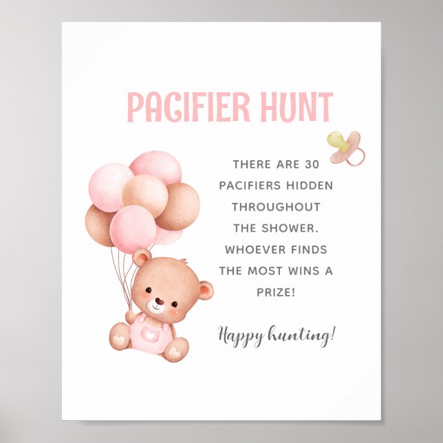 Affiche Jeu de Baby shower de chasse Teddy Bear Pacifier (Devant)