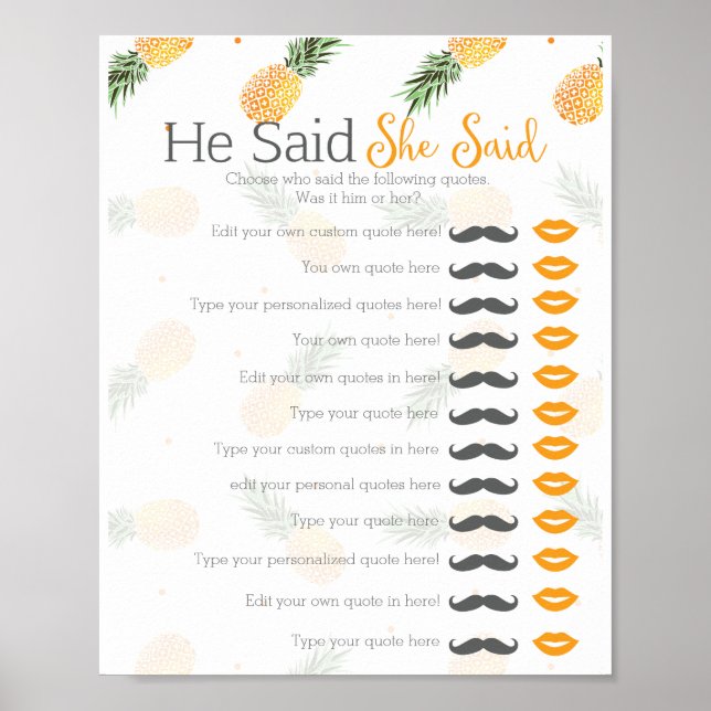 Affiche Jeu de baby shower de mariage Ananas il a dit elle (Devant)