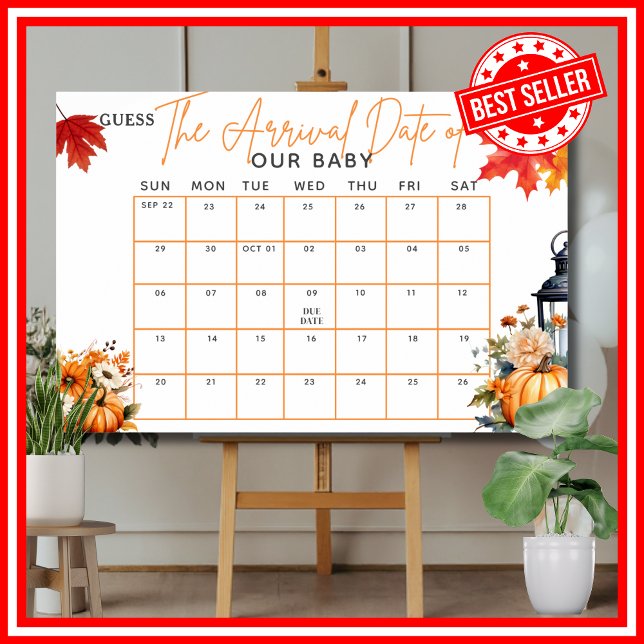 Affiche Jeu de Baby Shower DEVINEZ LA DATE D'ACCouchement  (GUESS THE ARRIVAL DUE DATE Baby Shower Game with Answers A Little Pumpkin is on the Way Theme)