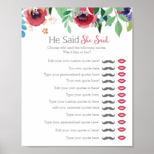 Affiche Jeu de baby shower floral 'il a dit, elle a dit' p