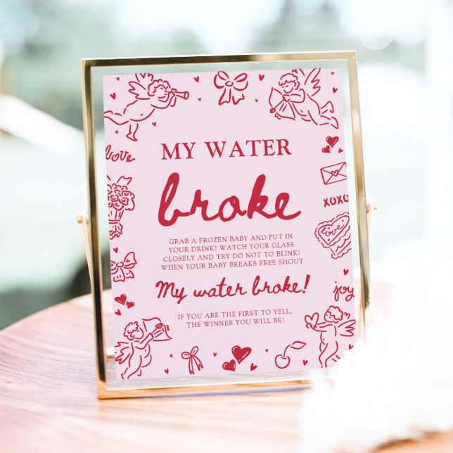Affiche Jeu de Baby Shower « Mes eaux ont cassé » dessiné  (Pink Hand Drawn My Water Broke Baby Shower Game)