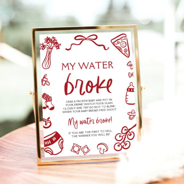 Affiche Jeu de Baby Shower « Mon Eau a Cassé » Dessiné à l (Hand Drawn Italian My Water Broke Baby Shower Game Sign)