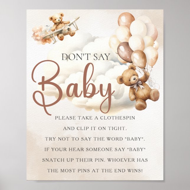 Affiche Jeu de Baby Shower NE DITES PAS BÉBÉ Ours Ballons (Devant)