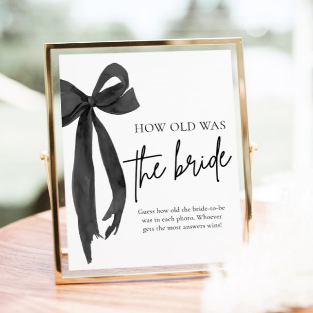 Affiche Jeu de Baby Shower « Quel âge avait la mariée ? »  (Black Bow How Old Was The Bride Bridal Shower Game Sign)