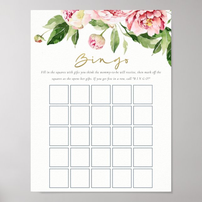 Affiche Jeu de Bingo Aquarelle Flush Doux Peony (Devant)