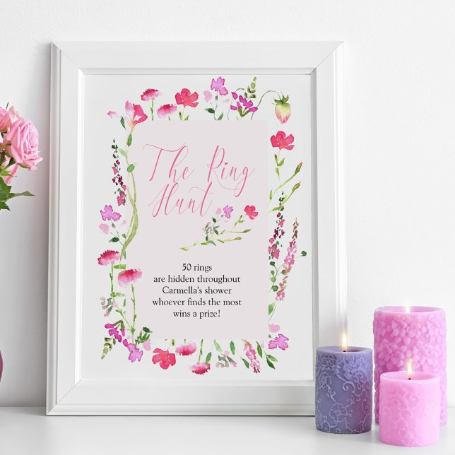 Affiche Jeu de chasse à l'anneau Fleur sauvage rose Enterr (Ring Hunt bridal shower game sign from my Pink Wildflower Collection.)