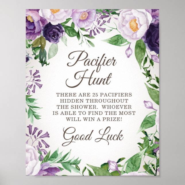 Affiche Jeu de chasse au Baby shower floral pourpre (Devant)