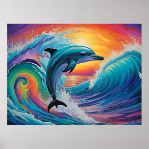 Affiche Jeu de dauphins en mer psychédélique